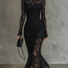 Elegant black stretchy lace fishtail maxi dress
