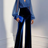 Blue mesh V-neck long sleeve velvet jumpsuit