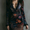 Floral Print V-Neck Velvet Lace Trim Slim-Fit Mini Dress