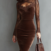 Brown Vintage Keyhole Neckline Lace Sleeve Velvet Mini Dress