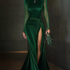 Green Velvet Sleeveless Maxi Dress with High Slits